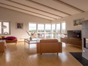 ein Wohnzimmer mit einem Sofa und einem TV in der Unterkunft Stylish Apartment in Quedlinburg with Panoramic Window in Quedlinburg
