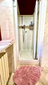 ein Badezimmer mit einer Dusche und einem rosa Teppich in der Unterkunft Livorno tra mare e città in Livorno