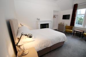 a bedroom with a bed with a fireplace and a desk at Kinnoch Lodge in Dalneigh