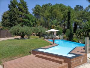a swimming pool in a yard with a table at Quinta do Guerra in Boldrarias