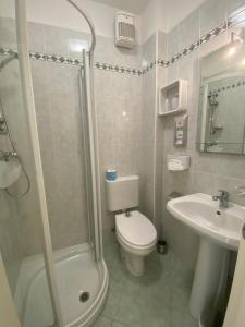 a bathroom with a toilet and a shower and a sink at Hotel Marea in Grado