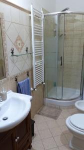 y baño con ducha, lavabo y aseo. en Casa romantica in un borgo antico in Sabina, en Cicignano