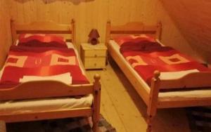 two twin beds in a room with at Chata U Juraja in Hruštín