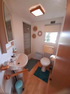 a bathroom with a white sink and a toilet at Delightful tiny home in the middle of nature. 
