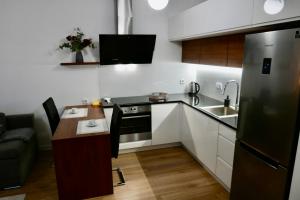 een kleine keuken met een fornuis en een wastafel bij Zdrowa Apartment in Wilanów in Warschau