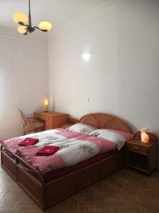 a bedroom with a large bed with red and white sheets at Swiss House Apartments in Slavonice