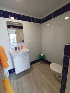 een badkamer met een wastafel, een toilet en een spiegel bij Swiss House Apartments in Slavonice