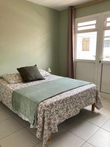 a bedroom with a bed with a green blanket and a window at Le Toutapied , Sainte-Anne, appartement en plein centre in Sainte-Anne