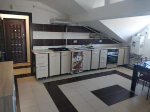 a kitchen with stainless steel cabinets and a stove at Fun Apartament Militari Residence in Roşu
