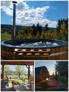 a collage of three pictures of a hot tub at Apartamenty Równia 2 in Ustrzyki Dolne