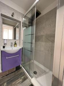 uma casa de banho com um lavatório roxo e um chuveiro em REdreams em Roma