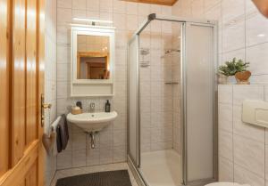ein Bad mit einer Dusche und einem Waschbecken in der Unterkunft Haus Steirerland in Schladming
