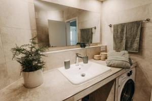 a bathroom with a sink and a mirror at TRABER APARTMENTS im Herzen Leipzigs Balkon Parkplatz in Leipzig