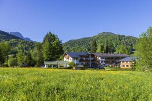 a house in a field of grass with mountains in the background at Alpenhotel Weiherbach Berchtesgaden Hallenbad und Sauna in Berchtesgaden