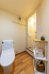 a bathroom with a toilet and a mirror at Beaver Lodge Hakuba in Hakuba