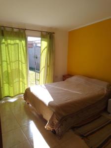 a bedroom with a bed with green curtains and a window at Laprida in Ramallo