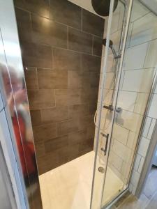 La salle de bains est pourvue d'une douche avec une porte en verre. dans l'établissement Maison de Nicolas et Sonia, à Bort-les-Orgues