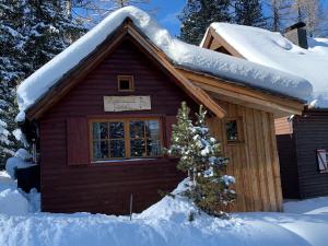 a log cabin with snow on top of it at Zirbenwald Chalet in Turracher Hohe