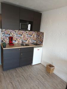eine Küche mit einer Theke mit einer Spüle und einer Mikrowelle in der Unterkunft Studio spacieux plage in Fos-sur-Mer