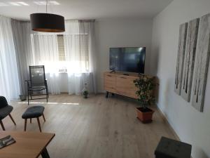 a living room with a television and a wooden floor at Talquelle in Bad Wildungen