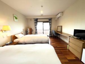 a hotel room with two beds and a television at South Sea Ishigaki in Ishigaki Island