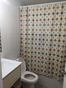 a bathroom with a toilet and a shower curtain at Depto Valparaíso con Vista al Mar y a la Bahía de Valparaíso in Viña del Mar