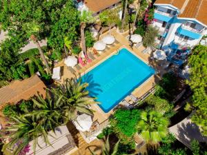 an overhead view of a swimming pool with palm trees at Golden Lighthouse Hotel in Patara