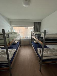 ミッデルケルケにあるSorghvlietの二段ベッド3組、窓が備わる客室です。