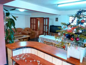 a living room with a christmas tree in a room at Vila Marcela in Buşteni