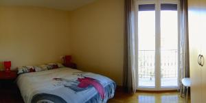 a bedroom with a bed and a large window at Apartamentos Eneriz in Enériz