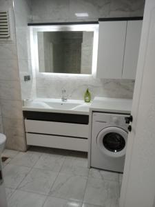 ein Badezimmer mit einem Waschbecken und einer Waschmaschine in der Unterkunft Ankara Esenboğa Airport Luxury Rezidance in Ankara