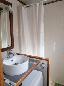 ein Bad mit einem Waschbecken und einem Duschvorhang in der Unterkunft Studio "Le Panpounet" in Les Contamines-Montjoie