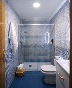 a blue tiled bathroom with a shower and a toilet at Verde Biatia in Baeza