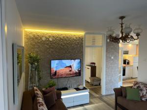 een woonkamer met een flatscreen-tv aan de muur bij Seahaven in Petrovac na Moru