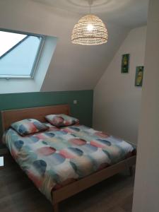 1 dormitorio con cama y lámpara de araña en Appartement Zen au Cœur du Cotentin, en Valognes