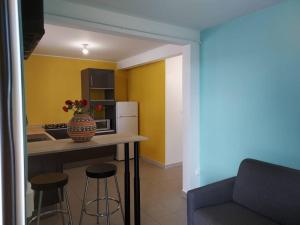 une cuisine avec un comptoir avec des tabourets et un vase dans l'établissement Appartement T2 le Vallon au Marin Martinique, au Marin