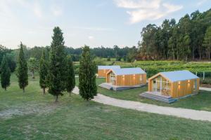 two modular homes in a field with trees at NaturBatán in Pontevedra