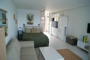 a living room with a couch and a bed in it at Superbe studio Dolce Vita vue mer plage piscine in Marigot