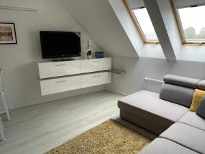 een woonkamer met een tv en een bank bij Quelle-Apartman in Győr