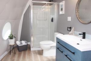 ein Bad mit einer Dusche, einem WC und einem Waschbecken in der Unterkunft Geodome water view stay on Grand Manan Island in Castalia