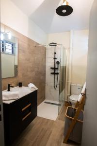 uma casa de banho com um chuveiro, um lavatório e um WC. em Le Privilège appartement standing, piscine, terrasse, jardin, parking privé em Cayenne