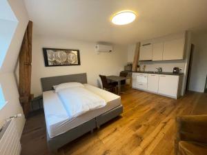 ein Schlafzimmer mit einem Bett und einem Tisch sowie eine Küche in der Unterkunft SCHNYDER'S HOME Studio_2 in Rapperswil-Jona