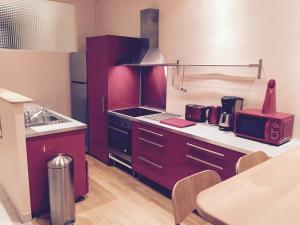 a kitchen with purple cabinets and a sink in it at Appartement, Lyon, Villeurbanne in Villeurbanne