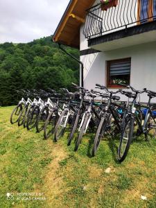 a row of bikes parked next to a building at Domek Sielski Zakątek Pieniny in Szczawnica