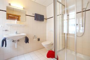 een badkamer met een toilet, een wastafel en een douche bij Hotel Bahnhof in Zermatt
