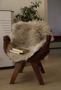 una silla con un asiento peludo con libros. en B&B Diana, en Marostica