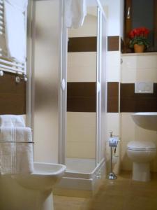 a bathroom with a shower and a toilet and a sink at B&B Lucana 22 in Matera