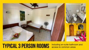 2 fotos de un dormitorio con cama y baño en Hostal Casa Moreno, en Moyogalpa