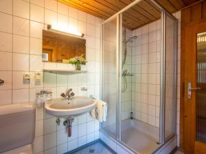 a bathroom with a sink and a shower at Landhaus Barbara in Silbertal