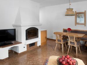 ein Wohnzimmer mit einem Kamin und einem Tisch mit einem TV in der Unterkunft Matrei Park 55 in Matrei in Osttirol